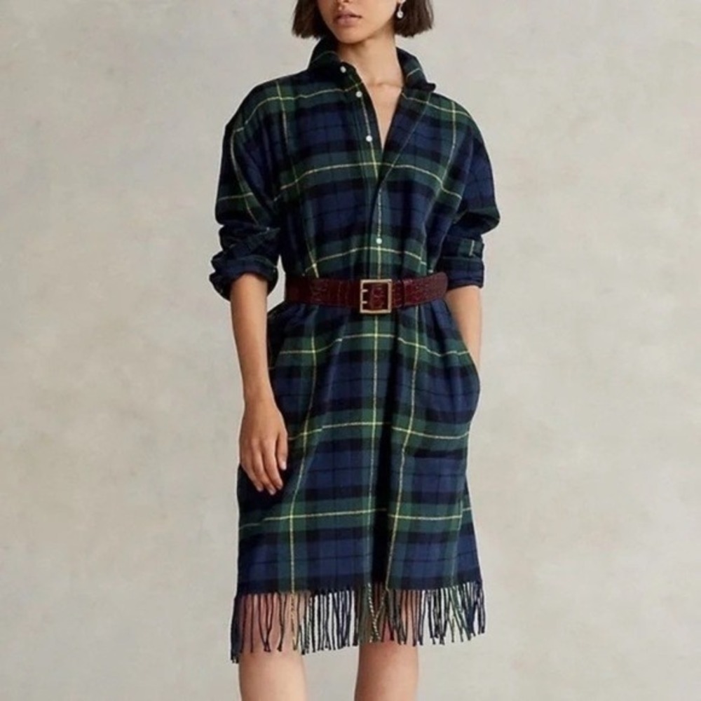 Polo Ralph Lauren Plaid Fringed Flannel Tunic Dress Green Blue Yellow Size 14